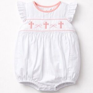 The Bella Bean White cotton Smocked bubble with pink bows and crosses embroidery